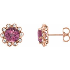 Natural Pink Tourmaline And 1/8 Ctw Natural Diamond Earrings