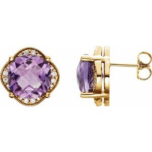 Checkerboard Natural Amethyst And 1/5 Ctw Natural Diamond Earrings With Backs