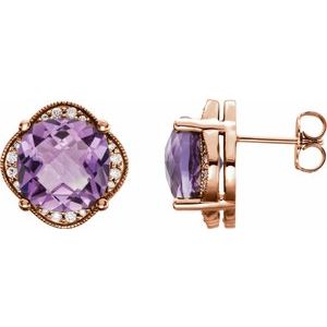 Checkerboard Natural Amethyst And 1/5 Ctw Natural Diamond Earrings With Backs