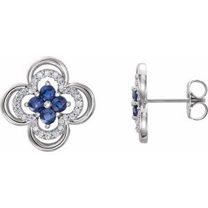 Natural Blue Sapphire And 1/5Ctw Natural Diamond Clover Earrings With Backs