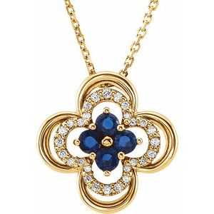 14K Yellow Lab-Grown Blue Sapphire & .08 CTW Natural Diamond Clover 18″ Necklace