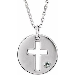 Sterling Silver Imitiation Diamond Pierced Cross Disc 16-18″ Necklace