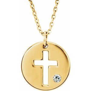 14K Yellow .03 CT Natural Diamond Pierced Cross Disc 16-18″ Necklace