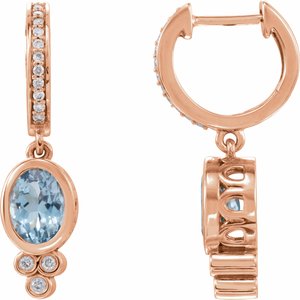 Natural Aquamarine And 1/6 Ctw Natural Diamond Dangle Hoop  Earrings