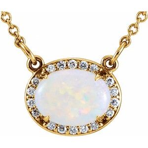 14K Yellow Natura White Opal & .07 CTW Natural Diamond Halo-Style 16 1/2″ Necklace