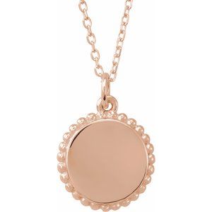 14K Rose Engravable Beaded Disc 16-18″ Necklace