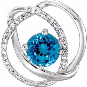 14K White Natural Swiss Blue Topaz and 1/10 CTW Natural Diamond Pendant