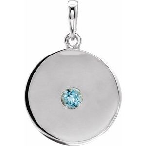 14K White Natural Blue Zircon Disc Pendant