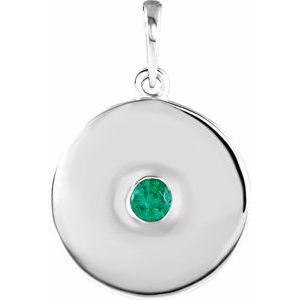 14K White Natural Emerald Disc Pendant