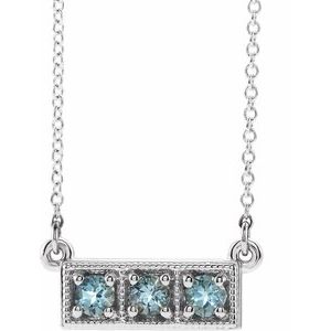 14K White Natural Aquamarine Three-Stone Bar 16-18″ Necklace