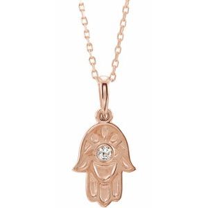 14K Rose .03 CTW Natural Diamond Hamsa 16-18″ Necklace