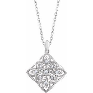 14K White  1/10 CTW Natural Diamond Granulated Filigree 16-18″ Necklace