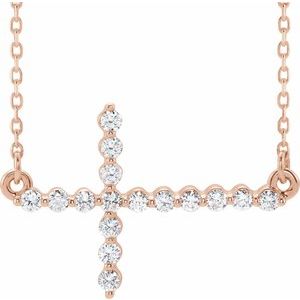 14K Rose 1/4 CTW Natural Diamond Sideways Cross 16-18″ Necklace