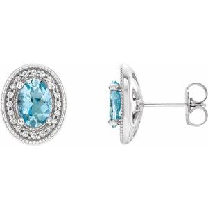 Aquamarine And 1/5 Ctw Natural Diamond Earrings With Backs