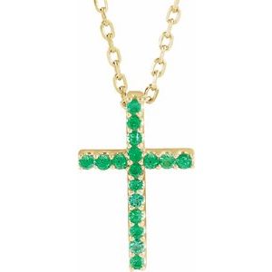 14K Yellow Natural Emerald Petite Cross 16″ Necklace