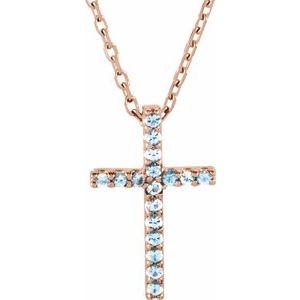 14K Rose Natural Aquamarine Petite Cross 16″ Necklace