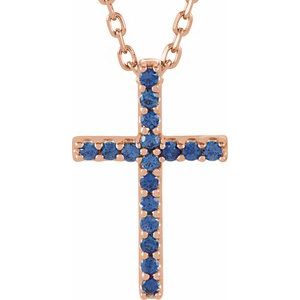 14K Rose Natural Blue Sapphire Petite Cross 16″ Necklace