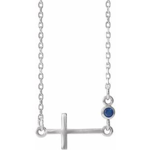 14K White Lab-Grown Blue Sapphire Sideways Cross 16-18″ Necklace