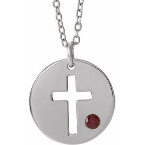 Sterling Silver Imitation Mozambique Garnet Pierced Cross Disc 16-18″ Necklace