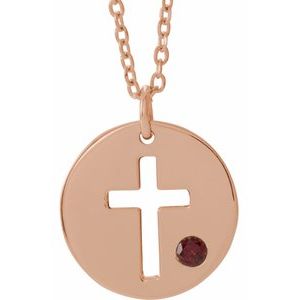 14K Rose Natural Garnet Pierced Cross Disc 16-18″ Necklace