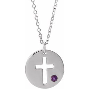 Sterling Silver Imitation Amethyst Pierced Cross Disc 16-18″ Necklace