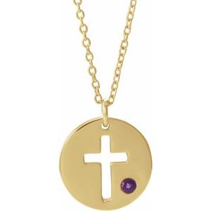 14K Yellow Natural Amethyst Pierced Cross Disc 16-18″ Necklace