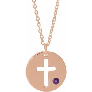 14K Rose Natural Amethyst Pierced Cross Disc 16-18″ Necklace