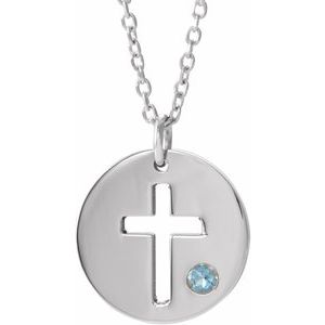 Sterling Silver Imitation Aquamarine Pierced Cross Disc 16-18″ Necklace