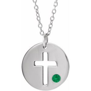 Sterling Silver Imitation Emerald Pierced Cross Disc 16-18″ Necklace