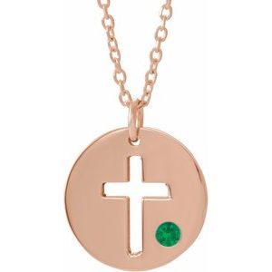 14K Rose Natural Emerald Pierced Cross Disc 16-18″ Necklace