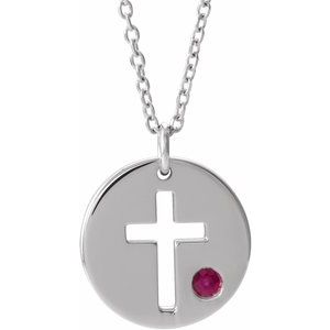 Sterling Silver Imitation Ruby Pierced Cross Disc 16-18″ Necklace