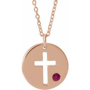 14K Rose Natural Ruby Pierced Cross Disc 16-18″ Necklace