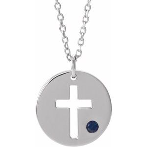 Sterling Silver Imitation Blue Sapphire Pierced Cross Disc 16-18″ Necklace