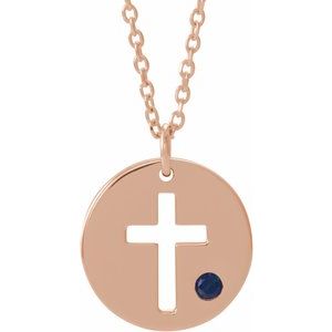 14K Rose Natural Sapphire Pierced Cross Disc 16-18″ Necklace