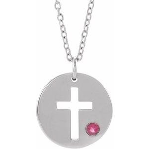 14K White Natural Tourmaline Pierced Cross Disc 16-18″ Necklace