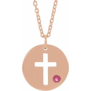 14K Rose Natural Tourmaline Pierced Cross Disc 16-18″ Necklace