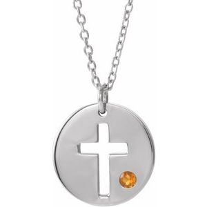 Sterling Silver Imitation Citrine Pierced Cross Disc 16-18″ Necklace