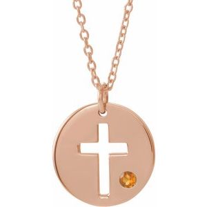 14K Rose Natural Citrine Pierced Cross Disc 16-18″ Necklace