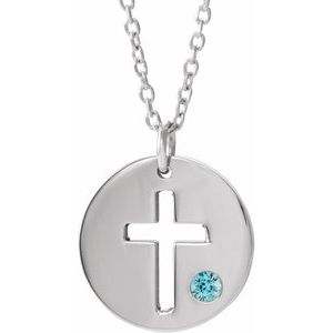 Sterling Silver Imitation Blue Zircon Pierced Cross Disc 16-18″ Necklace