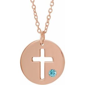 14K Rose Natural Zircon Pierced Cross Disc 16-18″ Necklace