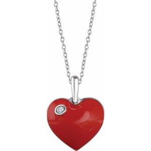 Sterling Silver .02 CT Natural Diamond Red Enamel Heart 16-18″ Necklace