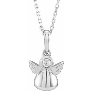 14K White .03 CT Natural Diamond Youth Angel 15″ Necklace