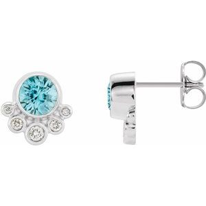 Natural Blue Zircon And 1/8 Ctw Natural Diamond Earrings