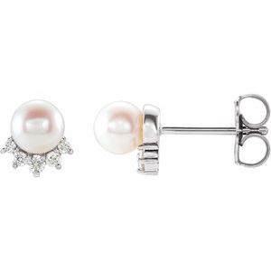 Cultured White Freshwater Pearl And .08 Ctw Natural Diamond Earrings