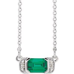 Lab-Grown Emerald And .02 Ctw Natural Diamond Bar Necklace