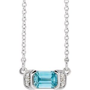 Natural Blue Zircon And .02 Ctw Natural Dimoand Bar Necklace