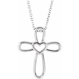 Sterling Silver Cross with Heart 16-18″ Necklace