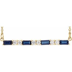 14K Yellow Natural Blue Sapphire & 1/6 CTW Natural Diamond Bar 16-18″ Necklace