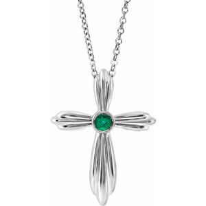 14K White Natural Emerald Cross 16-18″ Necklace