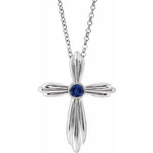 14K White Lab-Grown Blue Sapphire Cross 16-18″ Necklace